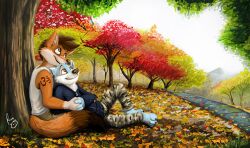  absurd_res anthro anthro_on_anthro artist_logo black_nose blue_body blue_clothing blue_fur blue_jacket blue_topwear bottomwear brown_eyes brown_hair canid canine cheek_tuft closed_smile clothed clothing day duo facial_tuft fur glistening glistening_eyes hair hi_res hug hugging_another hugging_from_behind jacket logo looking_up male male/male mammal mouth_closed mustelid orange_body orange_fur otter outside pandapaco pants plant raining signature sitting smile topwear tree tuft white_body white_clothing white_fur white_topwear 