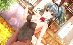  :d animal_ears black_leotard bow bowtie breasts brown_eyes cleavage commentary_request cowboy_shot detached_collar fake_animal_ears female girlfriend_(kari) green_hair highres leotard looking_at_viewer masa_(mirage77) open_mouth pantyhose playboy_bunny ponytail rabbit_ears rabbit_tail red_bow red_bowtie shinomiya_risa short_hair smile solo strapless strapless_leotard tail wrist_cuffs 