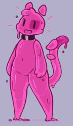  ambiguous_gender anthro collar digital_media_(artwork) dripping eerieviolet featureless_crotch full-length_portrait goo_creature grey_background happy melting paws pink_body portrait simple_background slightly_chubby smile solo 