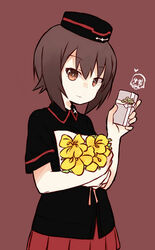  adapted_uniform black_hat black_shirt blouse bright_pupils brown_background closed_mouth commentary cowboy_shot daffodil emblem female flower fud garrison_cap gift girls_und_panzer hat head_tilt heart holding holding_flower holding_gift itsumi_erika kuromorimine_military_uniform looking_at_viewer military military_hat military_uniform miniskirt nishizumi_maho pleated_skirt red_skirt shirt short_hair short_sleeves simple_background skirt smile solo standing uniform white_pupils wing_collar 