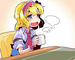  alice_margatroid ascot blonde_hair blue_eyes blue_vest blush capelet chair commentary_request cup female frills hairband lolita_hairband mug open_mouth puffy_short_sleeves puffy_sleeves shinapuu short_hair short_sleeves sitting smile solo steam table touhou upper_body vest wing_collar wrist_cuffs 