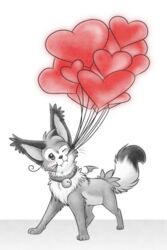  2:3 4_toes ambiguous_gender balloon balloon_in_mouth bat_wings bell bell_collar black_tail_tip blush canid canine cheek_tuft collar dipstick_tail ear_tuft eyebrows facial_tuft fangs feet fennec_fox feral fox front_view full-length_portrait fur geometric_balloon heart_balloon heart_symbol inflatable looking_at_viewer mammal markings mary_(thatwildmary) membrane_(anatomy) membranous_wings mouth_hold multicolored_tail object_in_mouth one_eye_closed portrait restricted_palette shaped_balloon simple_background smile solo standing tail tail_markings teeth thatwildmary toes true_fox tuft white_background wings wink 