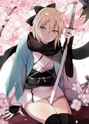  anz_(starry) black_thighhighs blonde_hair blurry bow cherry_blossoms commentary_request depth_of_field fate_(series) female hairbow haori japanese_clothes katana kimono koha-ace okita_souji_(fate) okita_souji_(koha-ace) petals photoshop_(medium) scarf shinsengumi short_kimono sitting smile solo sword thighhighs weapon yellow_eyes 