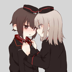  2girls animal_collar black_hat black_jacket blue_eyes blush bright_pupils brown_eyes brown_hair closed_mouth collar commentary dress_shirt dressing_another emblem frown fud garrison_cap girls_und_panzer grey_background grey_hair hat itsumi_erika jacket kuromorimine_military_uniform long_hair long_sleeves looking_at_another military military_hat military_uniform multiple_girls nishizumi_maho open_mouth red_shirt shirt short_hair simple_background standing symbol-only_commentary uniform white_pupils yuri 