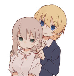  2girls adjusting_another&#039;s_hair blonde_hair blue_eyes blue_sweater blush braid commentary darjeeling_(girls_und_panzer) dress dress_shirt fud girls_und_panzer grey_hair hair_tie hand_in_another&#039;s_hair hand_on_another&#039;s_shoulder itsumi_erika light_frown light_smile long_hair long_sleeves looking_at_viewer multiple_girls neck_ribbon necktie photoshop_(medium) pink_ribbon ribbon school_uniform shirt short_hair short_sleeves sitting st._gloriana&#039;s_school_uniform standing sweater tied_hair v-neck white_dress white_necktie white_shirt wing_collar 