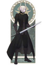  1boy black_footwear black_gloves black_pants blonde_hair boots commentary_request copyright_name erebas_the_demon_king full_body gloves highres holding holding_sword holding_weapon long_sleeves male_focus pants pixiv_fantasia pixiv_fantasia_last_saga pointy_ears puffy_long_sleeves puffy_sleeves red_eyes shima108 solo standing sword weapon white_background 