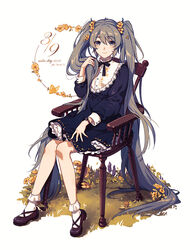  39 absurdly_long_hair alternate_costume black_dress black_ribbon blue_eyes blue_hair blush bobby_socks brown_footwear chair character_name closed_mouth commentary dated dress female fen_renlei flower frilled_dress frills full_body hair_flower hair_ornament hatsune_miku long_hair long_sleeves looking_at_viewer neck_ribbon on_chair photoshop_(medium) puffy_long_sleeves puffy_sleeves ribbon shoes simple_background sitting smile socks solo very_long_hair vocaloid watch white_background white_socks wristwatch yellow_flower 