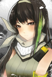  armband black_eyes black_hair blush breasts closed_mouth commentary female girls&#039;_frontline green_hair hair_between_eyes headphones highres large_breasts light_smile long_hair looking_at_viewer m4a1_(girls&#039;_frontline) mask multicolored_hair paint_splatter peanutc photoshop_(medium) ribbed_sweater scarf sidelocks skull_mask skull_print streaked_hair sweater sweater_vest upper_body walkie-talkie 