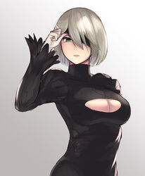  2b_(nier:automata) adapted_costume alternate_eye_color black_blindfold black_dress blindfold blindfold_slip breasts cleavage_cutout closed_mouth clothing_cutout commentary dress female gradient_background green_eyes highres large_breasts mole mole_under_mouth nier:automata nier_(series) one_eye_covered photoshop_(medium) puffy_sleeves short_hair simple_background solo takinashi_(friend_coffee) turtleneck upper_body white_hair 