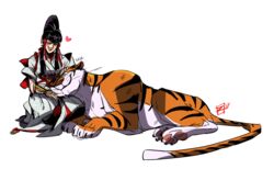  2017 black_hair closed_eyes clothed clothing cuddling dipstick_tail felid female feral fur hair heart_symbol human kazumi_mishima kazumi_mishima&#039;s_tiger makeup mammal markings multicolored_tail orange_body orange_fur pantherine pawpads simple_background smile stripes tail tail_markings tekken tiger whiskers white_background white_body white_fur zkaijuraptor 