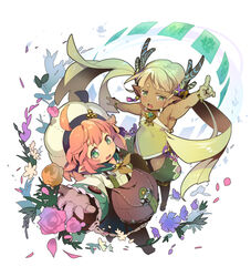  2girls antlers arm_up bag blonde_hair bracelet commentary_request flower green_eyes hat herbalist_(sekaiju) herbalist_2_(sekaiju) horns jewelry long_hair mg_kurino multiple_girls pink_hair sekaiju_no_meikyuu sekaiju_no_meikyuu_5 shaman_(sekaiju) shaman_2_(sekaiju) twintails 