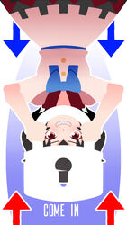  &gt;:) arms_up black_hair blue_bow blue_sash blush bow commentary cowboy_shot directional_arrow dress english english_commentary grin highres holding horns kijin_seija lock outline phone_wallpaper red_eyes red_sailor_collar sailor_collar sash sharp_teeth short_hair short_sleeves smile solo teeth touhou upside-down white_background white_dress white_outline yoruny 