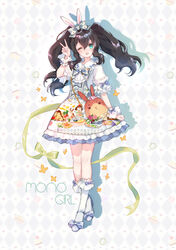  ;d absurdres animal_bag animal_ears animal_print ankle_strap aqua_eyes argyle_background black_hair blue_bow blue_footwear bobby_socks bow bowtie clenched_hand commentary_request dress drop_shadow female food full_body green_ribbons hairbow hand_up highres lolita_fashion long_hair looking_at_viewer macaron one_eye_closed open_mouth original pancake pancake_stack print_dress rabbit rabbit_ears rabbit_print ribbon round_teeth short_sleeves sidelocks smile socks solo teeth twintails upper_teeth_only v white_socks wrist_cuffs yuzhi 