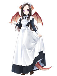  brown_hair commentary_request dragon_girl dragon_horns dragon_tail dragon_wings dress female goshi-san horns long_dress long_hair maid maid_headdress monster_girl original purple_eyes simple_background solo tail white_background wings 