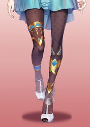  black_pantyhose chinese_commentary commentary duoyu_zhuan_qing egyptian feet female highres legs lower_body mid-stride nail_polish original pantyhose pink_background polka_dot polka_dot_legwear red_nails solo standing strappy_heels toeless_footwear walking 