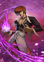  1boy absurdres belt brown_hair choker collarbone commentary_request fire glint goodotaku hair_over_one_eye highres jacket male_focus pants pectoral_cleavage pectorals photoshop_(medium) purple_fire pyrokinesis red_eyes red_pants smile snk solo standing the_king_of_fighters watermark yagami_iori 