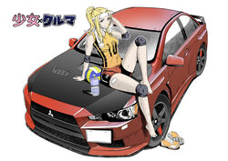  absurdres arm_support bandaid barefoot blonde_hair blue_eyes bottle car commentary_request copyright_name elbow_pads female goodotaku headband highres knee_pads knee_up long_hair mitsubishi_lancer_evolution mitsubishi_motors motor_vehicle on_vehicle orange_footwear ponytail red_shorts shoes shorts shoujo_x_kuruma sidelocks sitting sneakers solo sports_car sportswear sweat towel unworn_shoes vehicle_focus volleyball volleyball_uniform water_bottle watermark white_background white_headband 