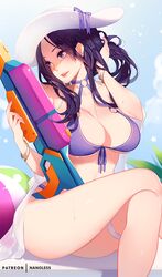  ball beachball bikini breasts caitlyn_(league_of_legends) cleavage cloud commentary crossed_legs day english_commentary female hand_in_own_hair hat league_of_legends medium_breasts nail_polish nanoless pool_party_(league_of_legends) pool_party_caitlyn purple_bikini purple_eyes purple_hair sarong sitting sky solo swimsuit water_gun 