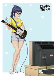  absurdres black-framed_eyewear blue_background blue_eyes blue_hair commentary female full_body glasses goodotaku grey_shorts guitar guitar_hero highres instrument left-handed looking_at_viewer medium_hair shirt shorts smile socks solo standing t-shirt television white_socks yellow_shirt 