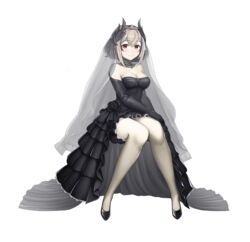  azur_lane bare_shoulders black_dress black_gloves black_hair blush breasts bridal_veil bride choker cleavage closed_mouth commentary_request dress elbow_gloves female gloves grey_hair hair_between_eyes highres jchoy looking_at_viewer medium_breasts multicolored_hair roon_(azur_lane) short_hair simple_background smile solo streaked_hair veil wedding_dress white_background 