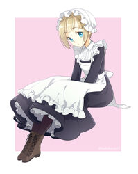  apron blonde_hair blue_eyes boots commentary_request cross-laced_footwear dress female goshi-san hat lace-up_boots long_dress maid maid_apron mob_cap original short_hair sitting solo 