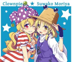  2girls american_flag_dress ayami_chiha blonde_hair blush character_name clownpiece commentary_request gloves hair_ribbon hat index_finger_raised jester_cap jpeg_artifacts long_hair looking_at_viewer moriya_suwako multiple_girls neck_ruff one_eye_closed open_mouth polka_dot purple_skirt red_eyes ribbon sidelocks skirt skirt_set smile striped teeth touhou tress_ribbon upper_body vest wavy_hair wrist_cuffs yellow_eyes 