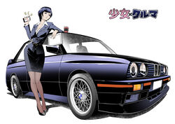  absurdres belt black_footwear blue_hair bmw bmw_3_series bmw_e30 bmw_m3 breasts car cellphone cleavage commentary_request contrapposto copyright_name cup disposable_coffee_cup disposable_cup female goodotaku high_heels highres leaning medium_breasts motor_vehicle office_lady pantyhose papers pen pencil_skirt phone pocket short_hair shoujo_x_kuruma skirt standing vehicle_focus watermark 