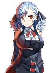  bangs black_ribbon blouse blush breasts cleavage closed_mouth collarbone commentary detached_sleeves eyebrows_visible_through_hair girls_frontline hair_ribbon head_tilt large_breasts lolicept long_hair looking_at_viewer neck_ribbon red_eyes red_neckwear red_skirt ribbon silver_hair simple_background skirt smile solo spas-12_(girls_frontline) twintails white_background work_in_progress 