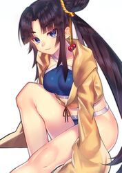  :3 absurdres bad_id bad_twitter_id bikini black_hair blue_eyes commentary_request fate/grand_order fate_(series) female hair_ornament highres jacket long_hair looking_at_viewer mozu_1oo side_ponytail sitting solo swimsuit ushiwakamaru_(fate) ushiwakamaru_(swimsuit_assassin)_(fate) ushiwakamaru_(swimsuit_assassin)_(first_ascension)_(fate) very_long_hair white_background 