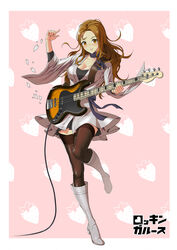  absurdres bass_guitar black_choker black_thighhighs blush boots breasts brown_eyes brown_hair choker cleavage commentary_request female goodotaku hand_up highres instrument knee_boots long_hair medium_breasts music original pink_background playing_instrument skirt smile solo standing thighhighs white_footwear white_skirt wide_sleeves zettai_ryouiki 