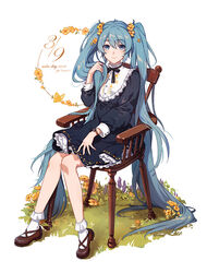  39 absurdly_long_hair alternate_costume black_dress black_ribbon blue_eyes blue_hair blush bobby_socks brown_footwear chair character_name closed_mouth commentary dated dress female fen_renlei flower frilled_dress frills full_body hair_flower hair_ornament hatsune_miku long_hair long_sleeves looking_at_viewer making-of_available neck_ribbon on_chair photoshop_(medium) puffy_long_sleeves puffy_sleeves ribbon shoes simple_background sitting smile socks solo very_long_hair vocaloid watch white_background white_socks wristwatch yellow_flower 