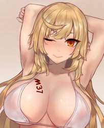  ahoge akashic armpits arms_behind_head arms_up bare_shoulders bikini blonde_hair blush breasts commentary_request female girls&#039;_frontline highres large_breasts long_hair looking_at_viewer m37_(girls&#039;_frontline) m37_(summer_parader)_(girls&#039;_frontline) official_alternate_costume one_eye_closed photoshop_(medium) red_eyes see-through_silhouette simple_background solo swimsuit upper_body white_bikini 