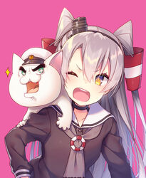  admiral_(kancolle) amatsukaze_(kancolle) angry animal animal_on_shoulder annoyed black_choker black_dress black_hairband blush cat_on_shoulder choker collarbone commentary_request dress feline female grey_hair hair_between_eyes hair_tubes hairband hat head_tilt kantai_collection long_hair military_hat mini_hat non-human_admiral_(kancolle) one_eye_closed open_mouth peaked_cap sailor_collar sailor_dress smokestack tahya v-shaped_eyebrows white_hat white_sailor_collar yellow_eyes 