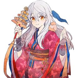  animal animal_on_shoulder animal_print bell bird bird_on_shoulder bracelet butterfly_print closed_eyes commentary_request female fire_emblem fire_emblem:_radiant_dawn fire_emblem_heroes grey_hair japanese_clothes jewelry jingle_bell kagura_suzu kimono long_hair micaiah_(fire_emblem) micaiah_(hoshidan_summer)_(fire_emblem) obi official_alternate_costume sash shourou_kanna simple_background smile solo white_background wide_sleeves yellow_eyes yukata yune_(fire_emblem) 