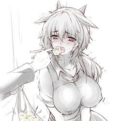  animal_ears bad_id bad_pixiv_id breasts chinese_commentary chopsticks commentary_request covered_nipples cow_ears cow_girl cow_horns feeding female horns limited_palette long_hair q_azieru saliva solo_focus spot_color tears 