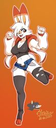  2019 anthro big_breasts big_ears bottomwear breasts clothed clothing cutoffs denim denim_bottomwear denim_clothing digital_media_(artwork) female fur generation_8_pokemon hair hi_res honky_kat lagomorph legwear mammal nintendo open_mouth pokemon pokemon_(species) scorbunny shorts simple_background smile solo stockings white_body white_fur 