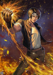  1boy absurdres belt brown_eyes brown_hair brown_jacket brown_pants clenched_hand commentary_request curtained_hair fingerless_gloves fire gloves goodotaku hand_up headband highres jacket kusanagi_kyou looking_at_viewer male_focus pants photoshop_(medium) pyrokinesis shirt snk solo t-shirt the_king_of_fighters watermark white_headband white_shirt 