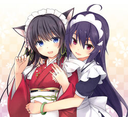  2girls :d ahoge animal_ears apron black_hair blonde_hair blue_eyes blush bracelet cat_ears character_request commentary_request copyright_request detached_sleeves fuji_kakei japanese_clothes jewelry maid maid_apron maid_headdress mixed_maids multiple_girls open_mouth ring smile wa_maid 