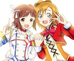  2girls amami_haruka animelo_summer_live bad_id bad_pixiv_id commentary_request hair_ribbon idolmaster idolmaster_(classic) idolmaster_movie kosaka_honoka love_live! love_live!_school_idol_project love_live!_the_school_idol_movie multiple_girls open_mouth paint.net_(medium) ribbon smile starpiece_memories_(idolmaster) sunny_day_song upper_body v white_background yoroshi_(yoroshii_seikatsu) 