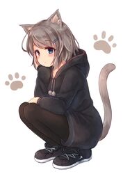  animal_ears bad_id bad_pixiv_id black_footwear black_pantyhose blue_eyes blush cat_ears cat_tail closed_mouth commentary drawstring female full_body grey_hair hair_ornament hairclip hand_on_own_cheek hand_on_own_face heterochromia highres hood hood_down long_hair long_sleeves looking_at_viewer maka_neko original pantyhose paw_print paw_print_background pink_eyes pom_pom_(clothes) shoes solo squatting straight_hair swept_bangs tail very_long_hair white_background 