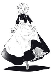  apron boots braid brush commentary_request dress female frills full_body goshi-san greyscale hat highres holding long_dress maid maid_apron mob_cap monochrome original profile short_twintails sleeves_rolled_up solo standing standing_on_one_leg twin_braids twintails victorian_maid white_background 