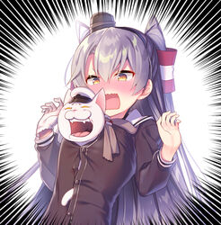  admiral_(kancolle) amatsukaze_(kancolle) animal black_choker black_dress black_hairband blush choker commentary_request dress fangs feline female gloves grey_hair hair_between_eyes hair_tubes hairband hands_up hat head_tilt kantai_collection long_hair military_hat mini_hat non-human_admiral_(kancolle) open_clothes open_mouth open_shirt peaked_cap sailor_collar sailor_dress shouting single_glove smokestack speed_lines tahya v-shaped_eyebrows white_hat white_sailor_collar yellow_eyes 