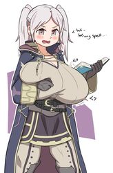  blush book breast_expansion breasts brown_eyes cleavage coat embarrassed female gloves grey_hair highres huge_breasts my_unit_(fire_emblem:_kakusei) open_mouth solo standing twintails 