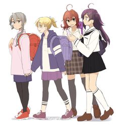  4girls ahoge alternate_costume arashi_(kancolle) asymmetrical_hair backpack bad_id bad_twitter_id bag black_neckerchief black_skirt black_socks blonde_hair blue_skirt brown_skirt collared_shirt flipped_hair from_side full_body green_eyes grey_eyes grey_hair hagikaze_(kancolle) holding_hands kantai_collection loafers long_hair looking_at_another maikaze_(kancolle) multiple_girls neckerchief nowaki_(kancolle) one_side_up pantyhose pink_shirt plaid plaid_skirt pleated_skirt ponytail purple_bag purple_hair purple_skirt randoseru red_bag red_footwear red_hair sailor_collar school_bag school_uniform serafuku shirt shoes short_hair simple_background skirt sneakers socks swept_bangs thighhighs white_background white_shirt white_socks yotsura 