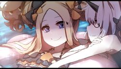  2girls abigail_williams_(emerald_float)_(fate) abigail_williams_(fate) absurdres animal bad_id bad_twitter_id bags_under_eyes bare_arms bare_shoulders bikini black_bikini black_bow blonde_hair blue_eyes bow closed_mouth collarbone day double_bun fate/grand_order fate_(series) grey_hair hair_bun hairbow halterneck highres innertube lavinia_whateley_(emerald_float)_(fate) lavinia_whateley_(fate) long_hair multiple_girls octopus official_alternate_costume orange_bow outdoors parted_bangs pink_innertube profile red_eyes single_side_bun smile swim_ring swimsuit tokitarou_(fate) wada_kazu water wavy_mouth wide-eyed 