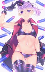  akapug621 arm_up ass_visible_through_thighs bad_id bad_pixiv_id bikini black_bow black_coat black_footwear black_gloves black_hat blunt_bangs boots bow breasts bullet cleavage coat collarbone cowboy_shot fate/grand_order fate_(series) female floating_hair gloves hairbow hat helena_blavatsky_(fate) helena_blavatsky_(swimsuit_archer)_(fate) helena_blavatsky_(swimsuit_archer)_(third_ascension)_(fate) looking_at_viewer open_clothes open_coat ponytail purple_bikini purple_eyes purple_hair short_hair sleeveless sleeveless_coat small_breasts solo standing swimsuit thigh_boots thigh_gap thighhighs 