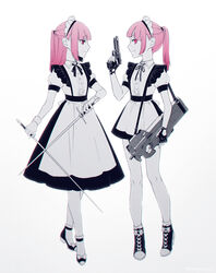  2girls beretta_92 blurry bullpup commentary_request dual_wielding fingerless_gloves gloves goshi-san gun handgun highres holding holding_gun holding_sword holding_weapon limited_palette maid maid_headdress multiple_girls original p90 pink_eyes pink_hair ponytail rapier siblings submachine_gun sword trigger_discipline twins weapon white_background 