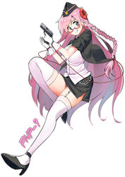  :d ankleband black_footwear blue_eyes blush braid breasts button_gap chains character_name commentary_request crop_top cropped_jacket female flower fnp-9 fnp-9_(girls&#039;_frontline) full_body garter_straps girls&#039;_frontline glasses gloves gun hair_flower hair_ornament handgun hands_up hat high_heels highres holding holding_gun holding_weapon knee_up licking licking_lips long_hair military military_hat military_uniform partially_unbuttoned pink_hair red-framed_eyewear semi-rimless_eyewear side_slit simple_background skirt smile solo string thighhighs thighs tongue tongue_out twin_(tt_lsh) uniform very_long_hair weapon white_background white_garter_straps white_thighhighs wind wind_lift 