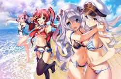  4girls american_flag american_flag_bikini american_flag_print azur_lane bare_legs bare_shoulders beach bikini blue_eyes cloud commentary detached_sleeves elbow_gloves enterprise_(azur_lane) flag_print gloves grey_hair hat highres hug itou_ben looking_at_viewer military_hat multiple_girls navel no_panties nurse_cap one_eye_closed outdoors pink_hair print_bikini red_hair san_diego_(azur_lane) saratoga_(azur_lane) sky swimsuit thighhighs twintails v vestal_(azur_lane) 