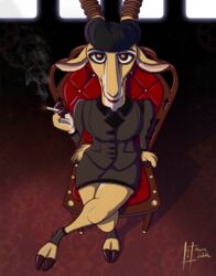  2018 3_fingers absurd_res amber_eyes antelope anthro biped black_hair blade_runner bottomwear bovid chair cigarette clothed clothing cloven_hooves cosplay crossed_legs disney female fingers footwear furniture gazelle gazelle_(zootopia) grant&#039;s_gazelle green_eyes hair hi_res high-angle_view hooves horn hyenatig_(artist) jacket looking_at_viewer mammal miniskirt nanger rachael_(blade_runner) short_hair sitting skirt smoke smoking solo topwear true_antelope zootopia 